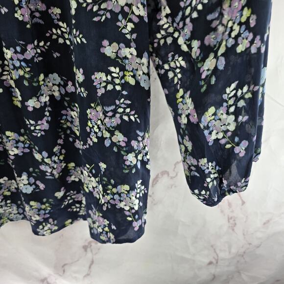 J Jill Shirt Womens Medium Blue Purple Floral Keyhole Blouse Popover Tassel Navy - Picture 4 of 12